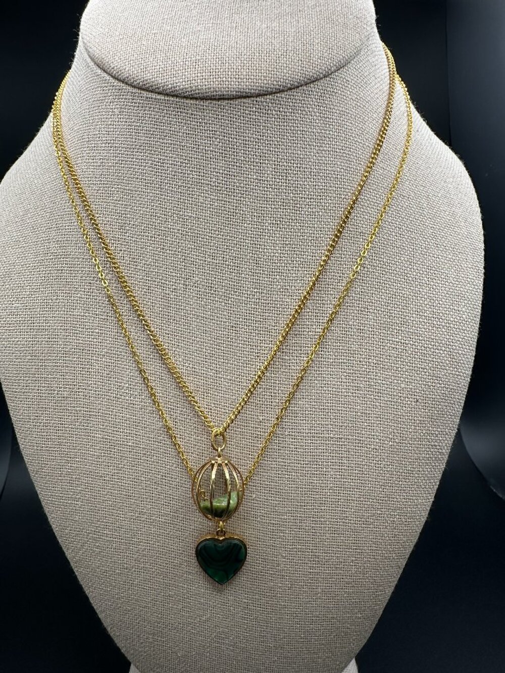 2pc Gold Tone Pendant Necklace Set Heart Stone Cage Charm Signed Vintage Style